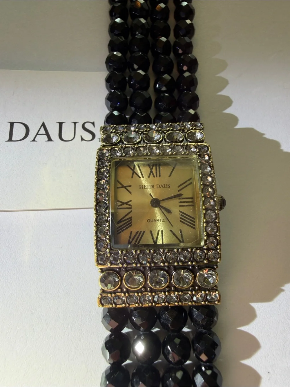 Vintage Heidi Daus Vintage Black Crystal Multi-Strand Bracelet Watch Gold Face